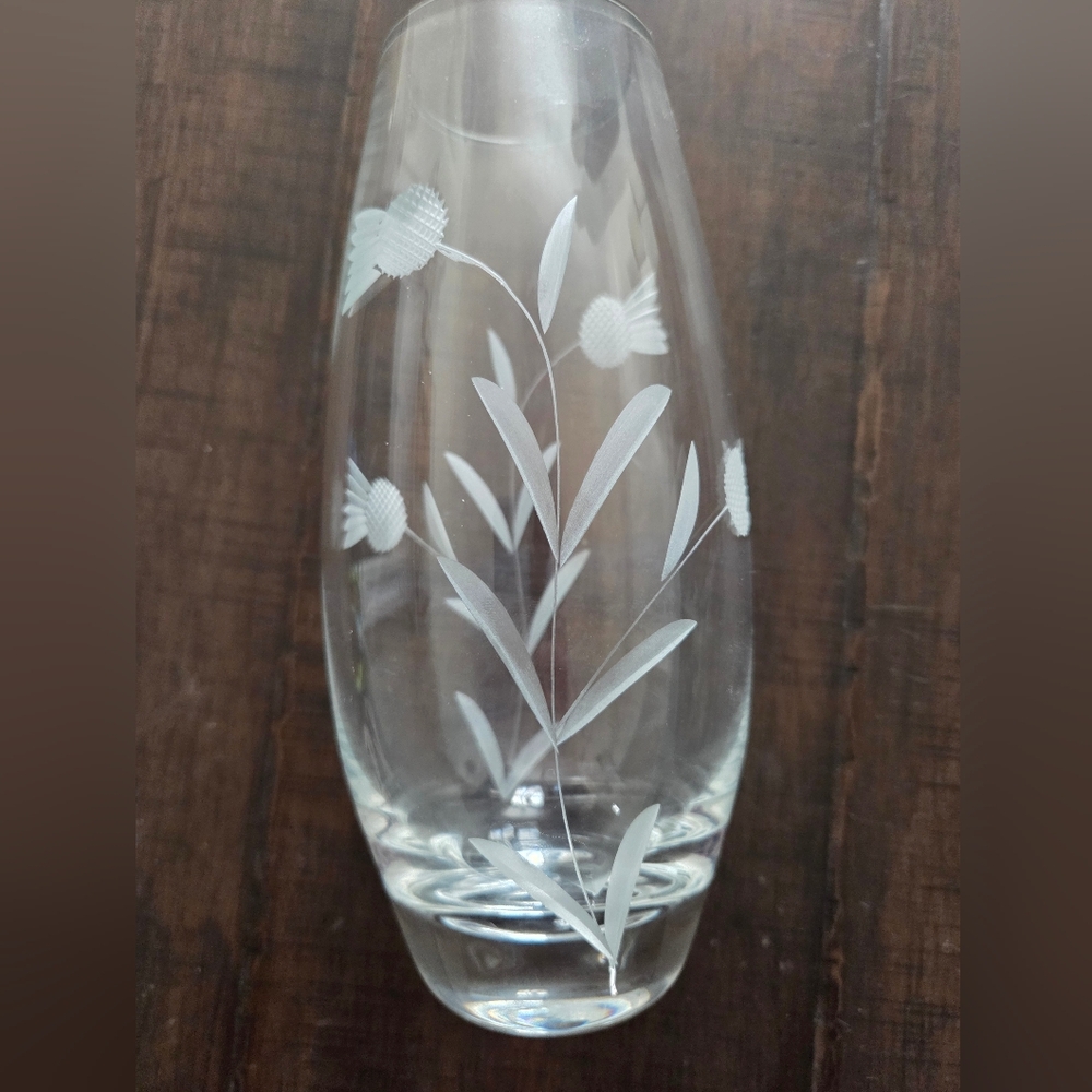Etched Clear Glass Vase with Thistle Design
